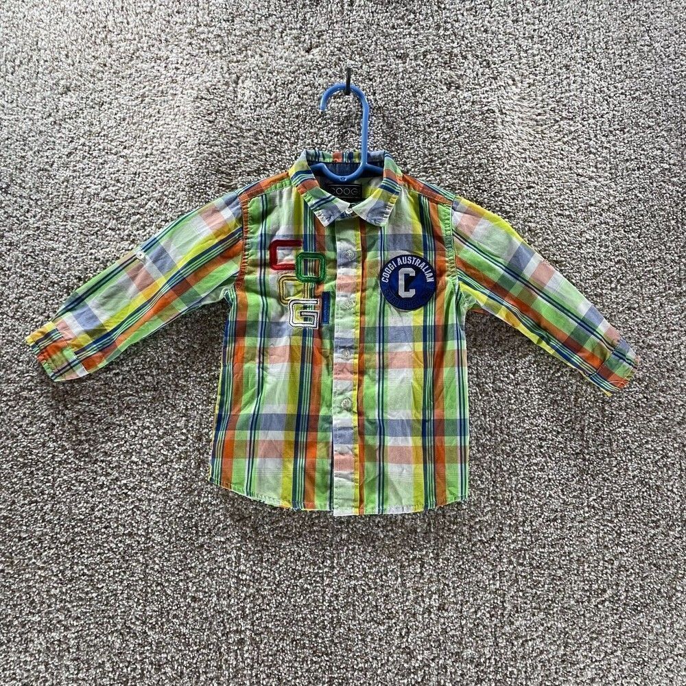 COOGI Shirt Youth 3T Green White Plaid Long Sleeve Streetwear Cotton‎ Kids Boys